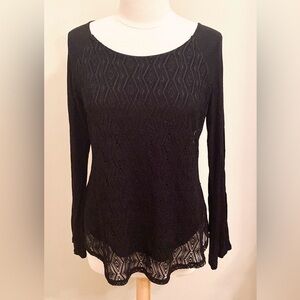 Kokoon Black Geometric Lace Overlay Long Open Sleeves Lined Dressy Top Size M